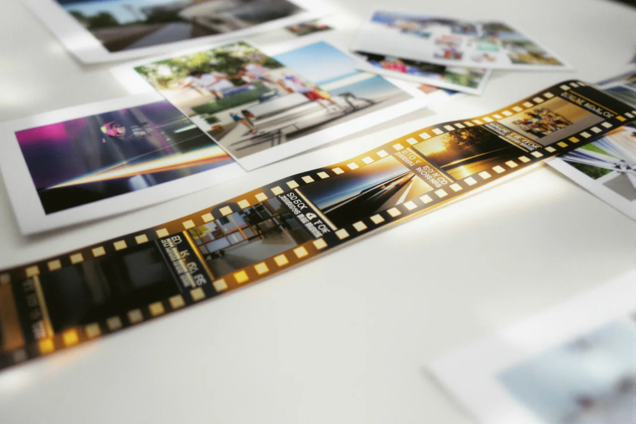 Klisza fotograficzna 35 mm obok gotowych odbitek