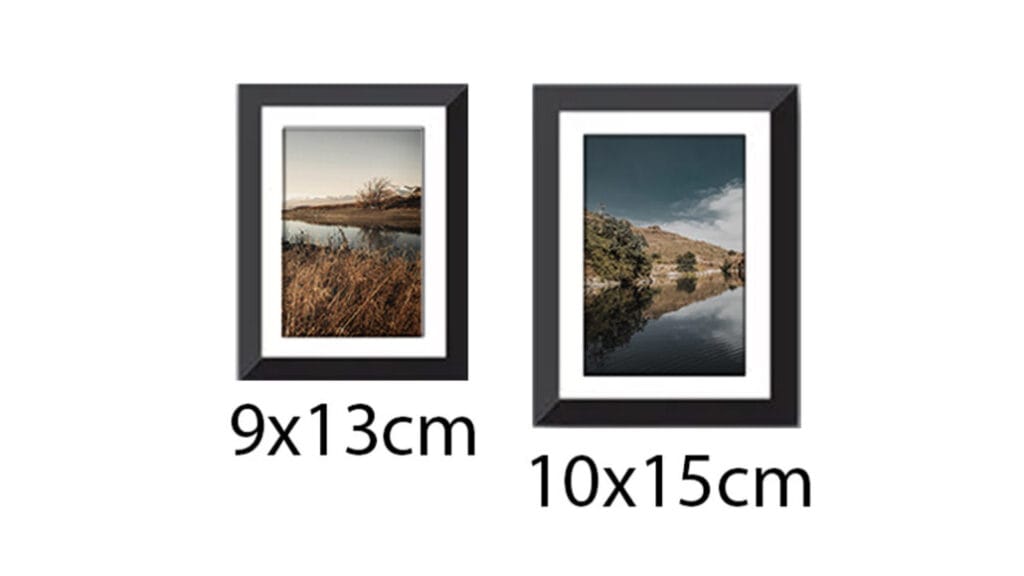 Primerjava velikosti okvirjenih fotografij 9x13cm in 10x15cm z naravnimi motivi